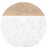  Round serving board combines white marble and natural mango wood for a sophisticated, mixed-material aesthetic. 