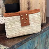 Straw Pouch Leather Details Gold Studs