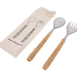 Bamboo-handled stainless steel salad spork and fork set.