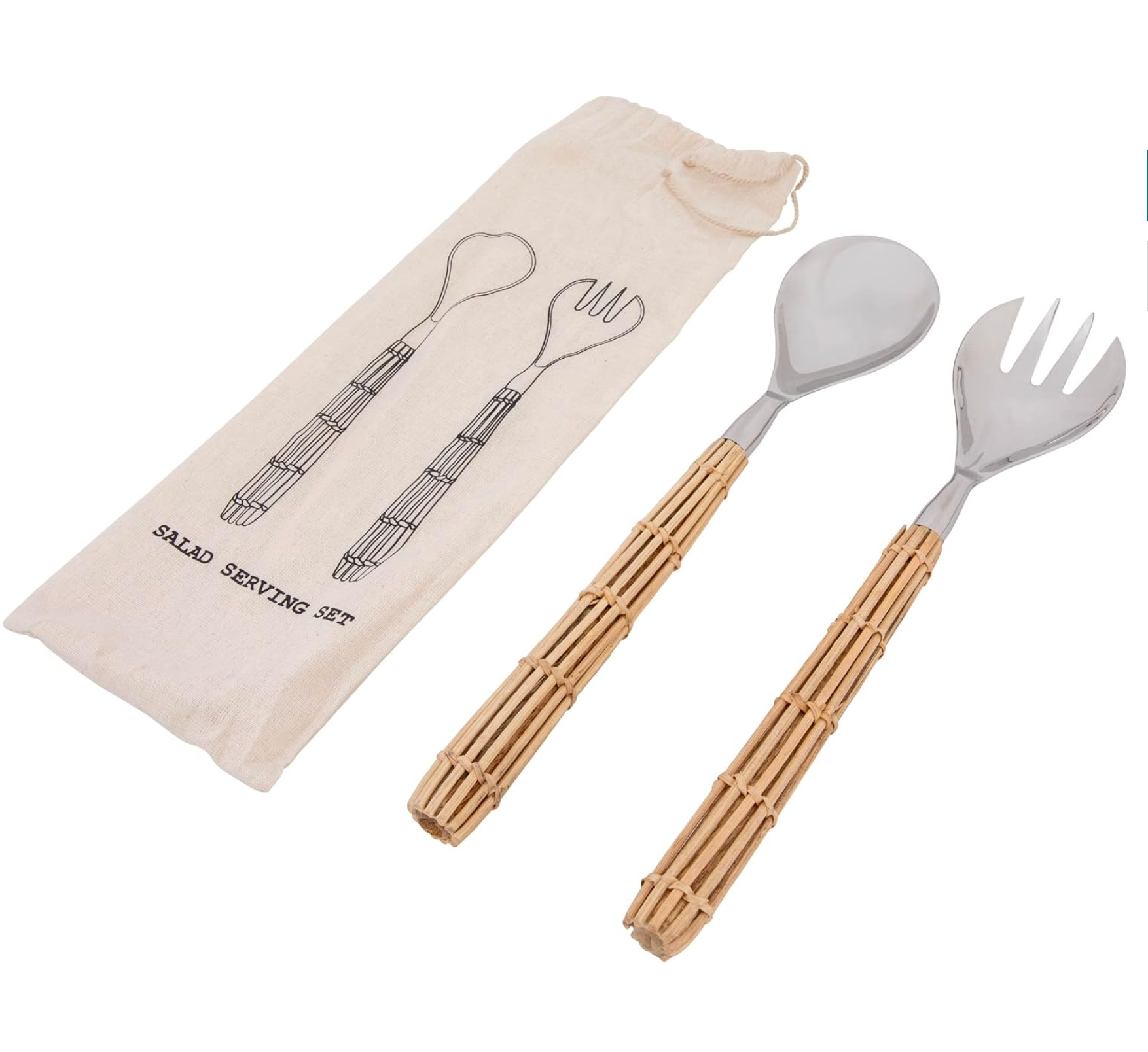 Bamboo-handled stainless steel salad spork and fork set.