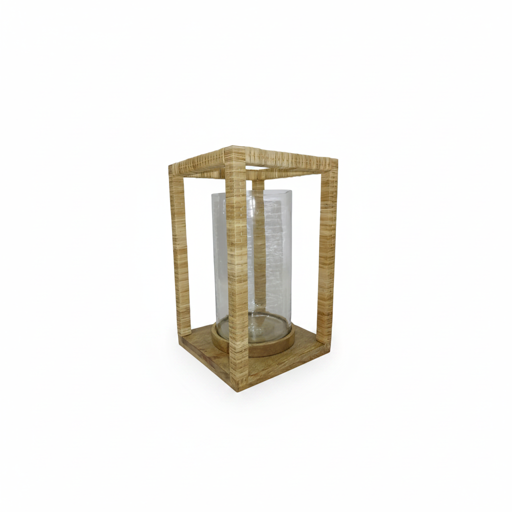 Decorative lantern with rattan frame and clear glass.