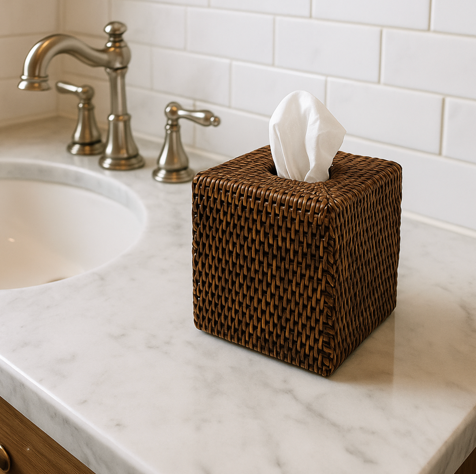 Brown woven tissue box.