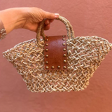 Open Straw Basket/Leather Gold Studs
