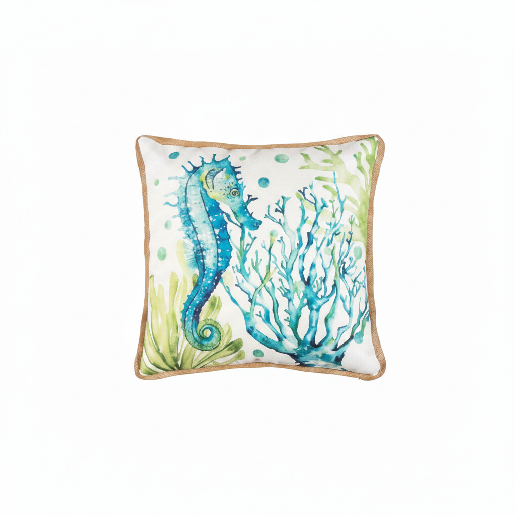 Square decorative throw pillow featuring a watercolor-style blue seahorse and coral reef, finished with a natural tan jute border.