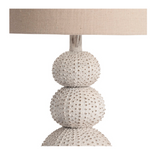 Table lamp with textured base and beige lampshade.
