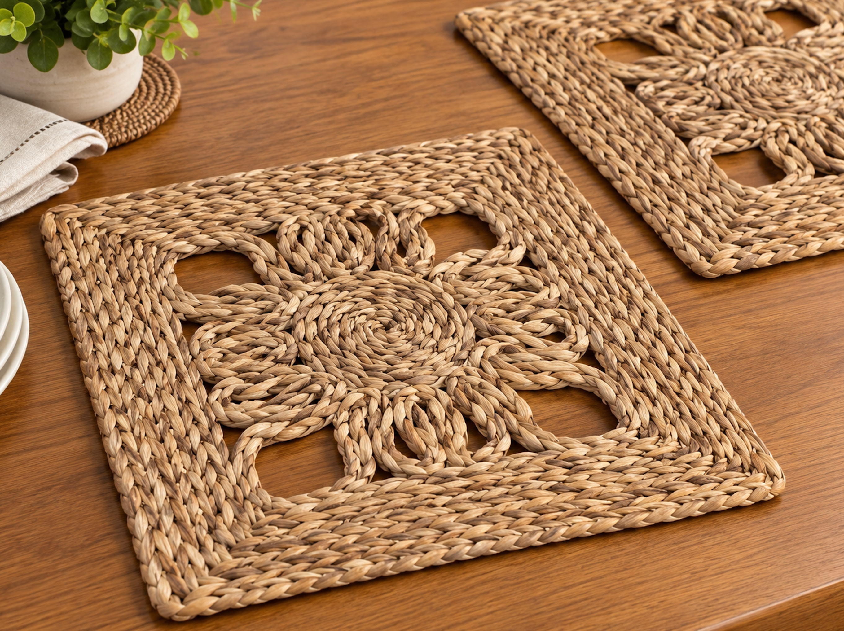 Two woven natural fiber placemats with a floral cutout pattern.