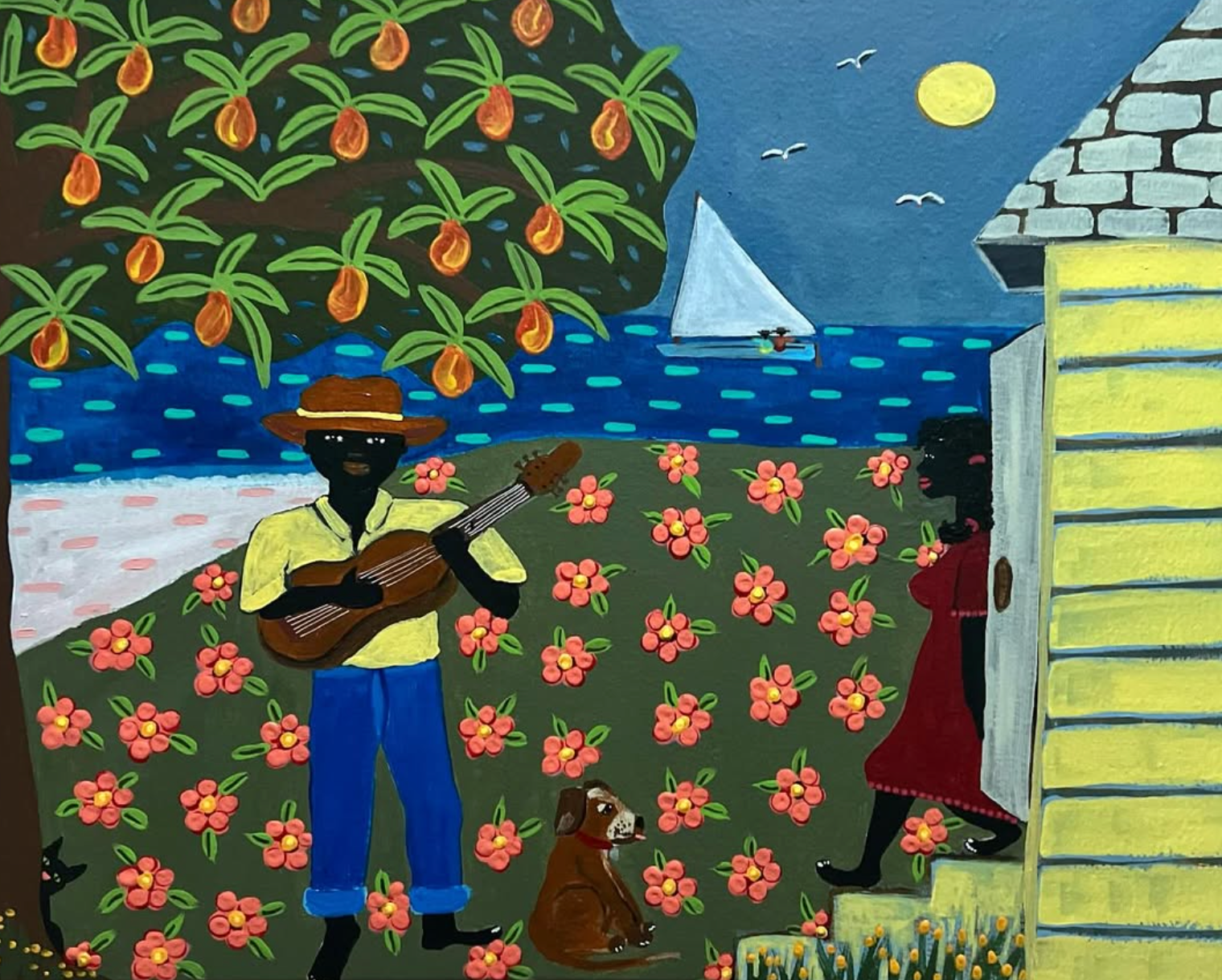 A colorful folk-art style painting depicting a nighttime scene with a man playing a guitar under a peach tree, a woman in a red dress opening a yellow house door, a small dog, a sailboat on blue water, and a full moon in the sky.