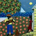 A colorful folk-art style painting depicting a nighttime scene with a man playing a guitar under a peach tree, a woman in a red dress opening a yellow house door, a small dog, a sailboat on blue water, and a full moon in the sky.