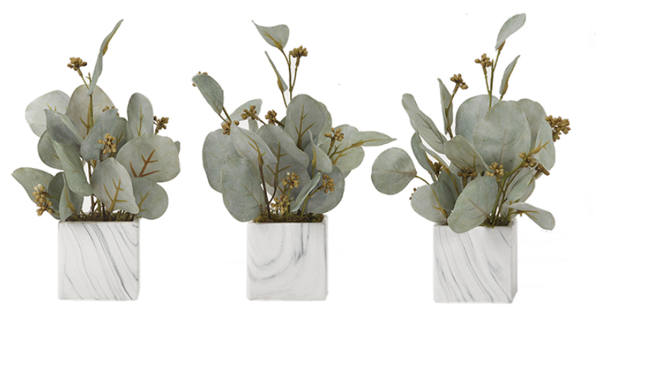 Three artificial eucalyptus arrangements in marbled white ceramic cubes, displayed side by side.