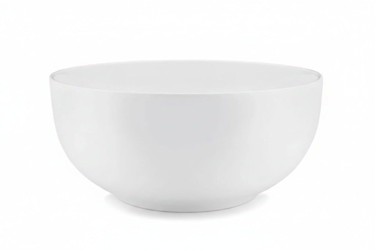 A white, round, melamine serving bowl .