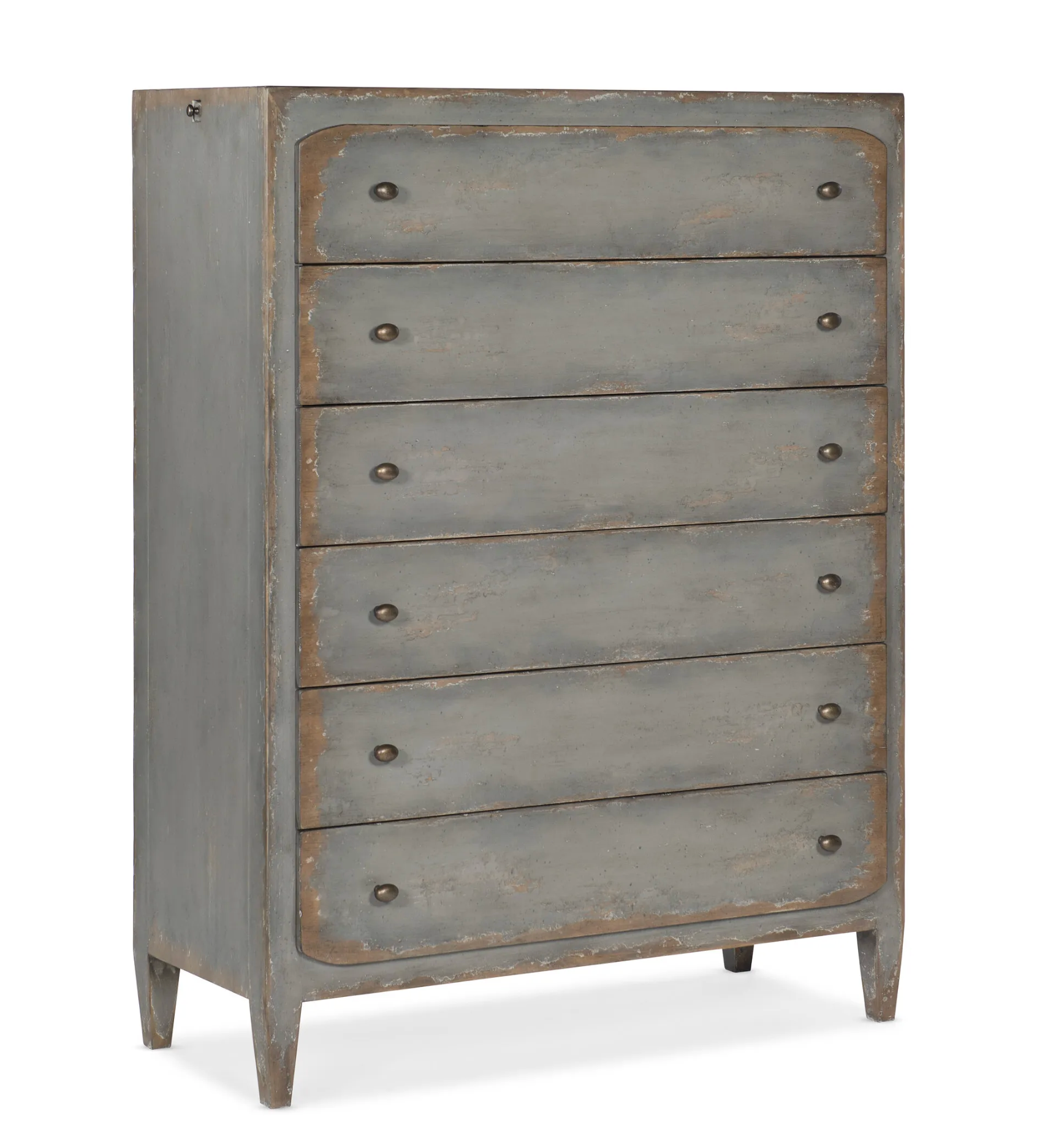 Spacious storage meets coastal elegance with this six-drawer chest in soft gray.