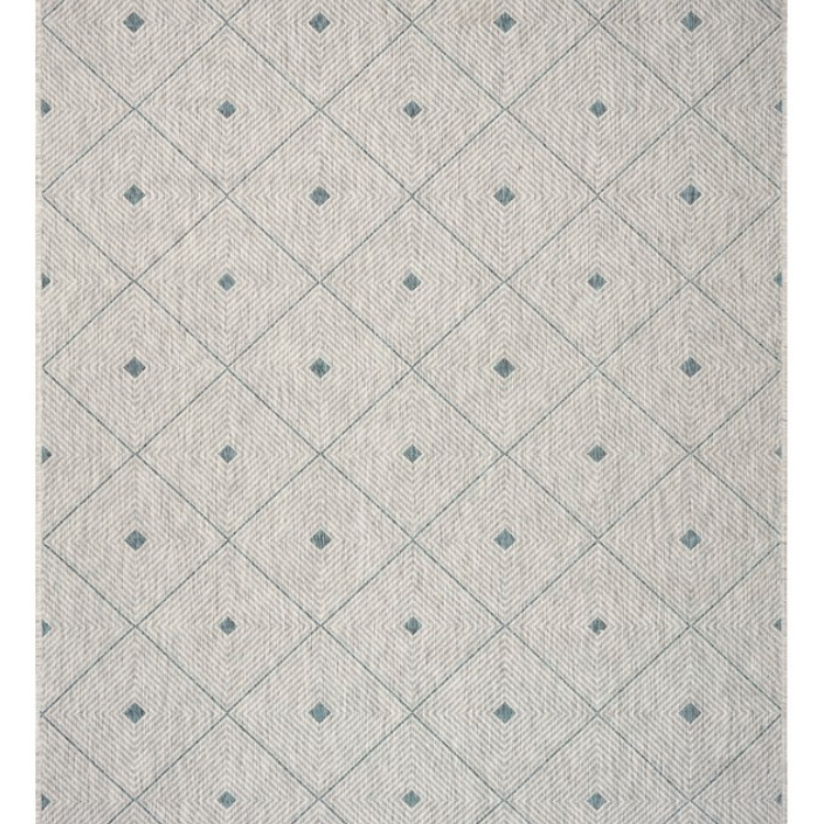 A blue and gray geometric patterned rug