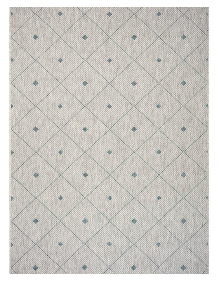 A blue and gray geometric patterned rug
