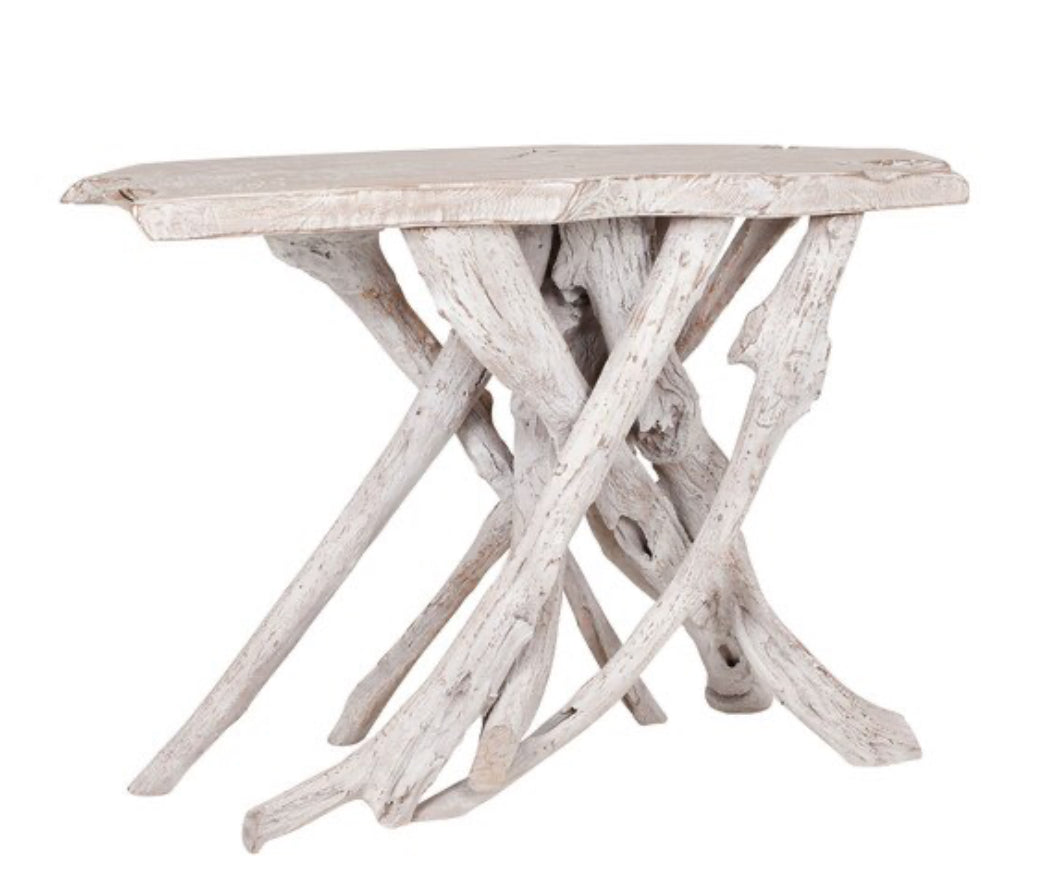 Driftwood side table with a white-washed finish .