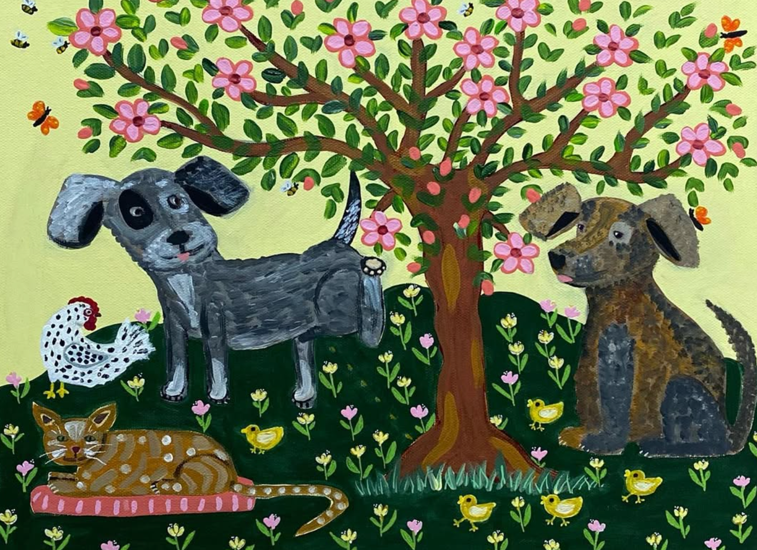 A folk art style painting depicting two dogs, a cat, a chicken, and small birds around a flowering tree with pink blossoms .