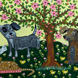 A folk art style painting depicting two dogs, a cat, a chicken, and small birds around a flowering tree with pink blossoms .