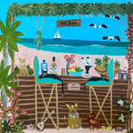 A colorful beach bar scene painting with two turquoise chairs, bottles, a drink, flowers, a guitar, a rooster, dogs, birds, sailboats, and palm trees under a sign reading “THE BAR.”.