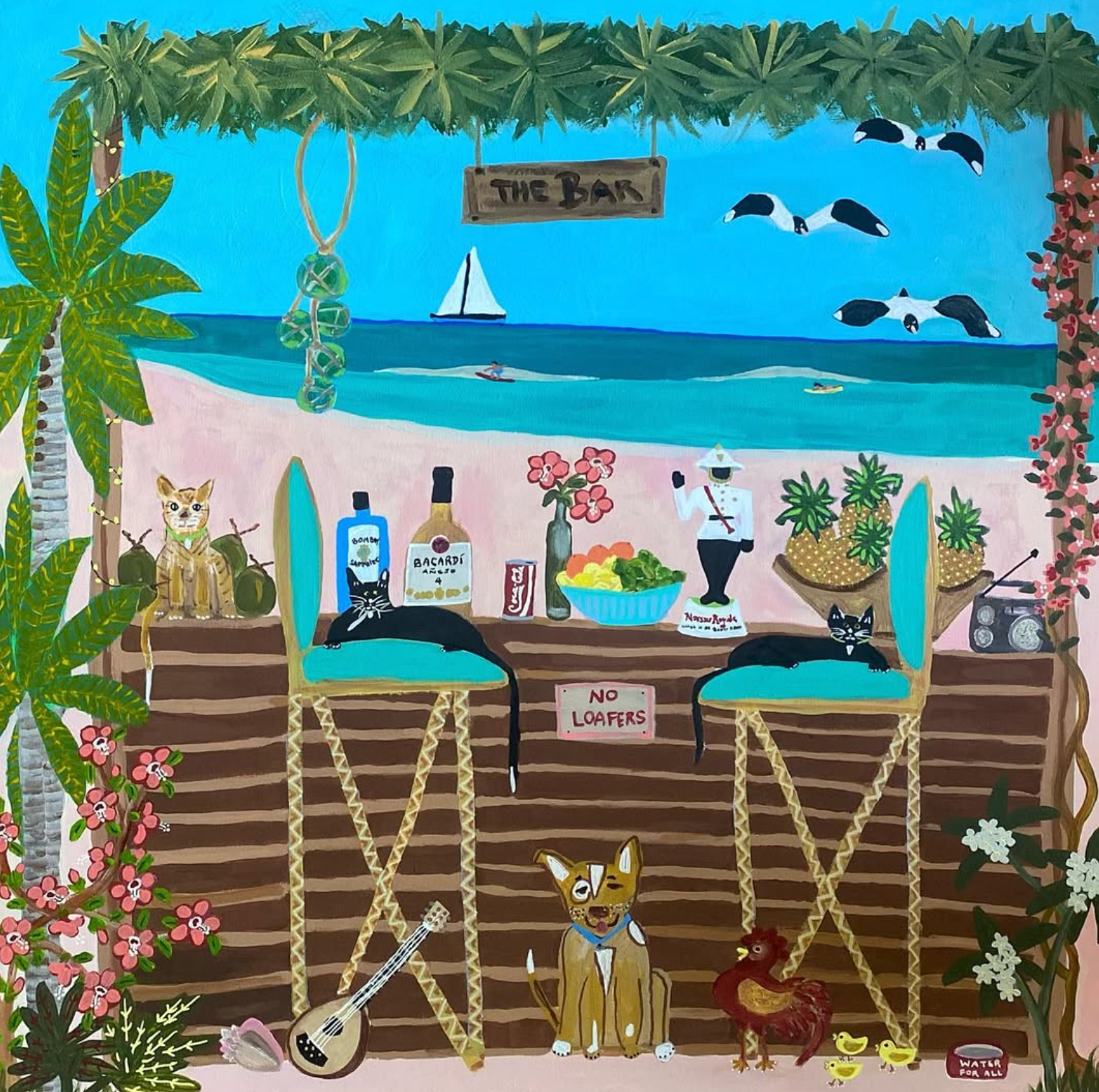 A colorful beach bar scene painting with two turquoise chairs, bottles, a drink, flowers, a guitar, a rooster, dogs, birds, sailboats, and palm trees under a sign reading “THE BAR.”.