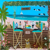 A colorful beach bar scene painting with two turquoise chairs, bottles, a drink, flowers, a guitar, a rooster, dogs, birds, sailboats, and palm trees under a sign reading “THE BAR.”.