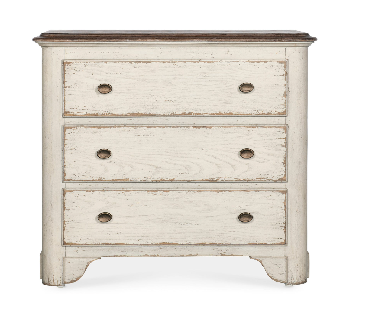 White distressed dresser with three drawers.