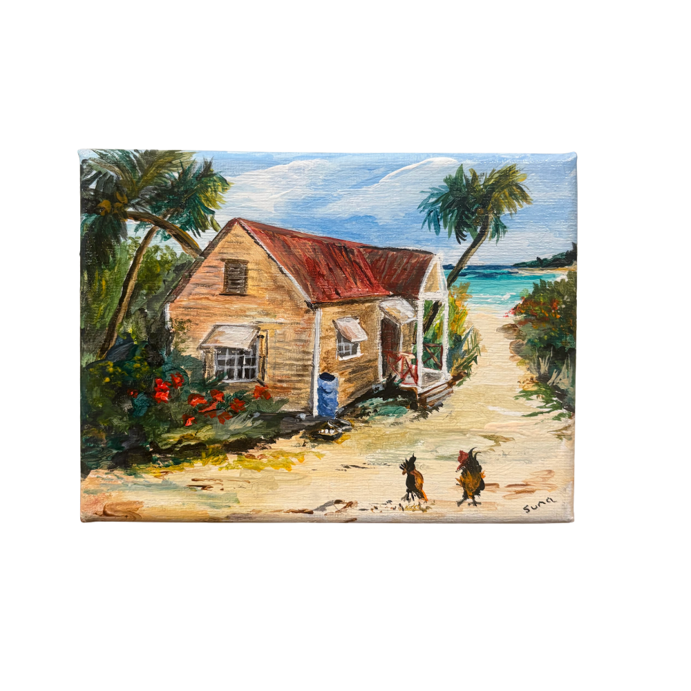 A rectangular canvas painting depicting a tropical beach scene with a small house, palm trees, blue water, and two dogs in the foreground.