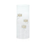 Clear cylindrical candle holder with three candles.