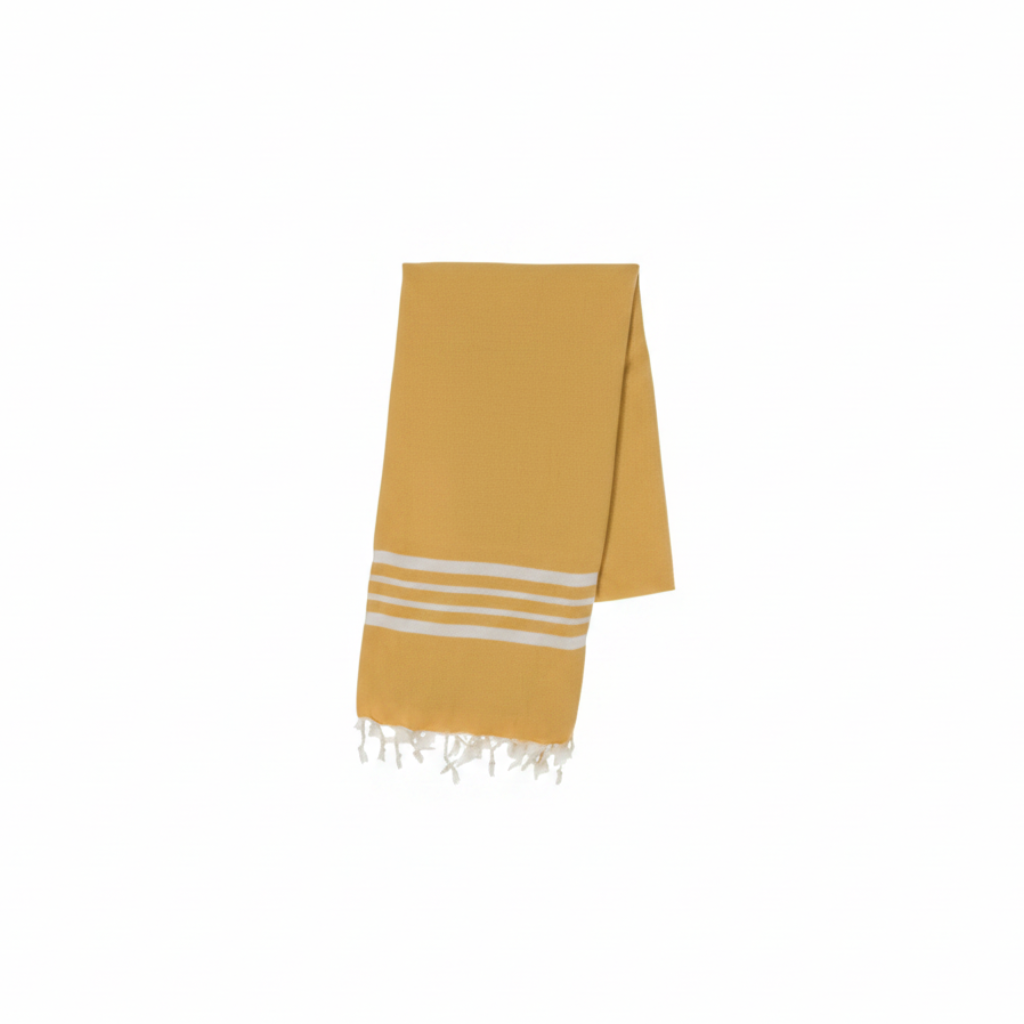 A mustard yellow towel with white stripes and fringed edges. 
