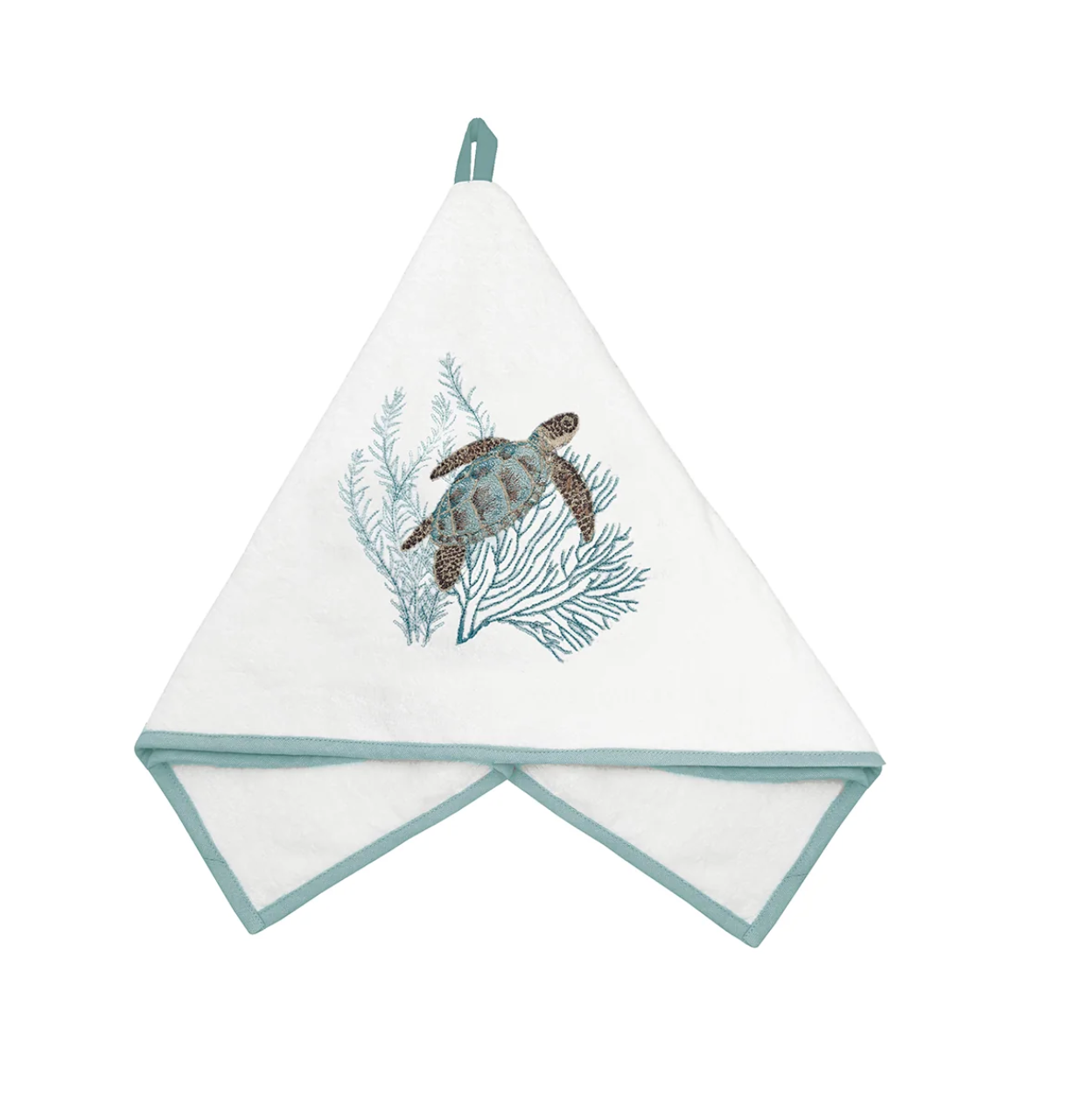 A white cotton kitchen towel with a sea turtle and coral design, featuring a light blue-green border and hanging loop.