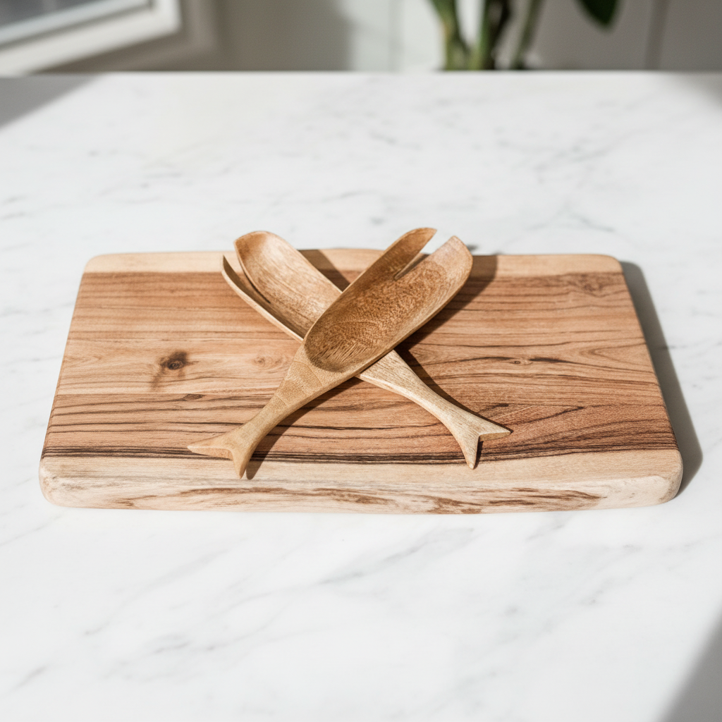 Two hand-carved wooden serving spoons with a natural wood grain finish, crossed over each other.