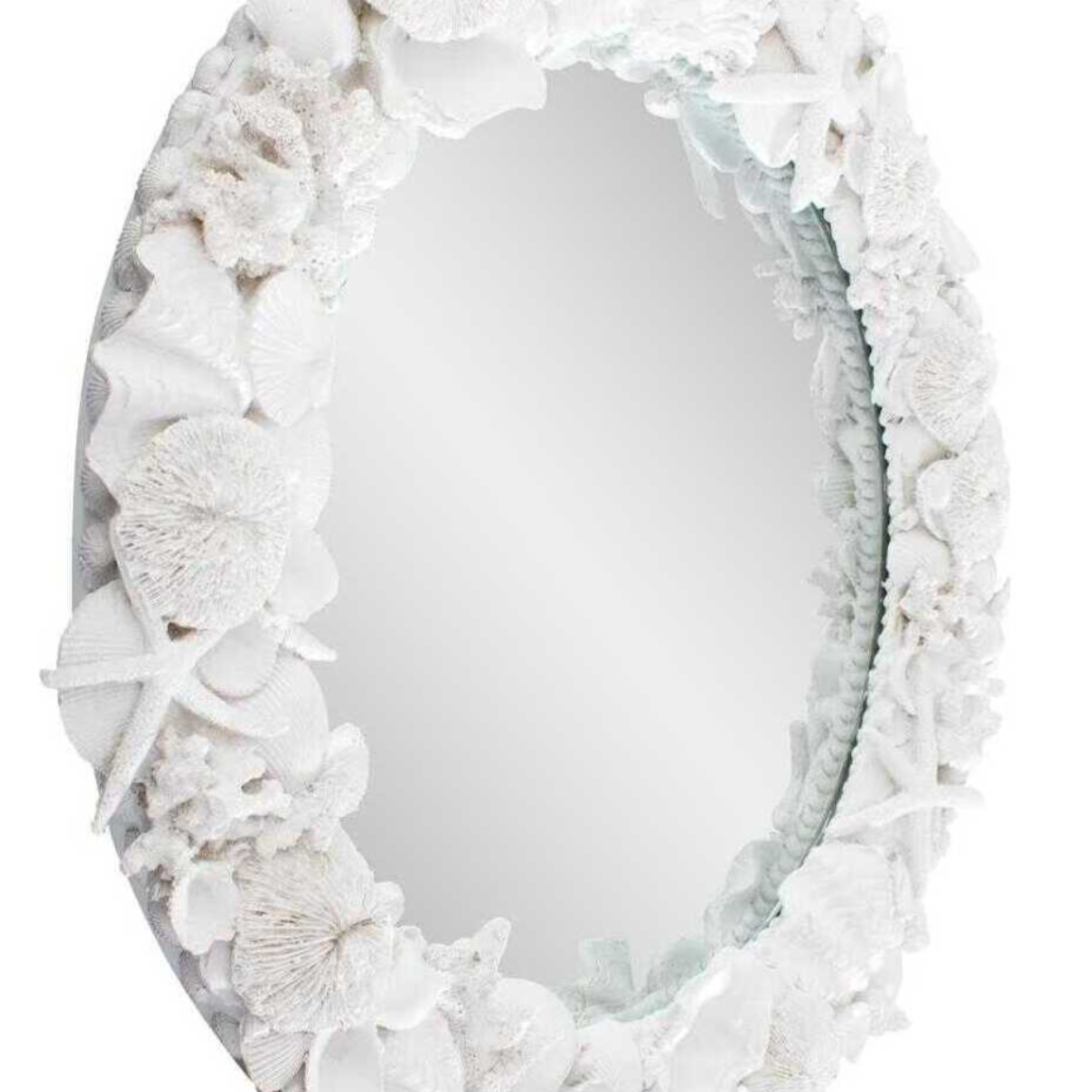 Decorative mirror with a white coral-like frame.