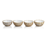 Set of four decorative bowls with rattan-like rims.