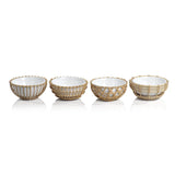 Set of four decorative bowls with rattan-like rims.