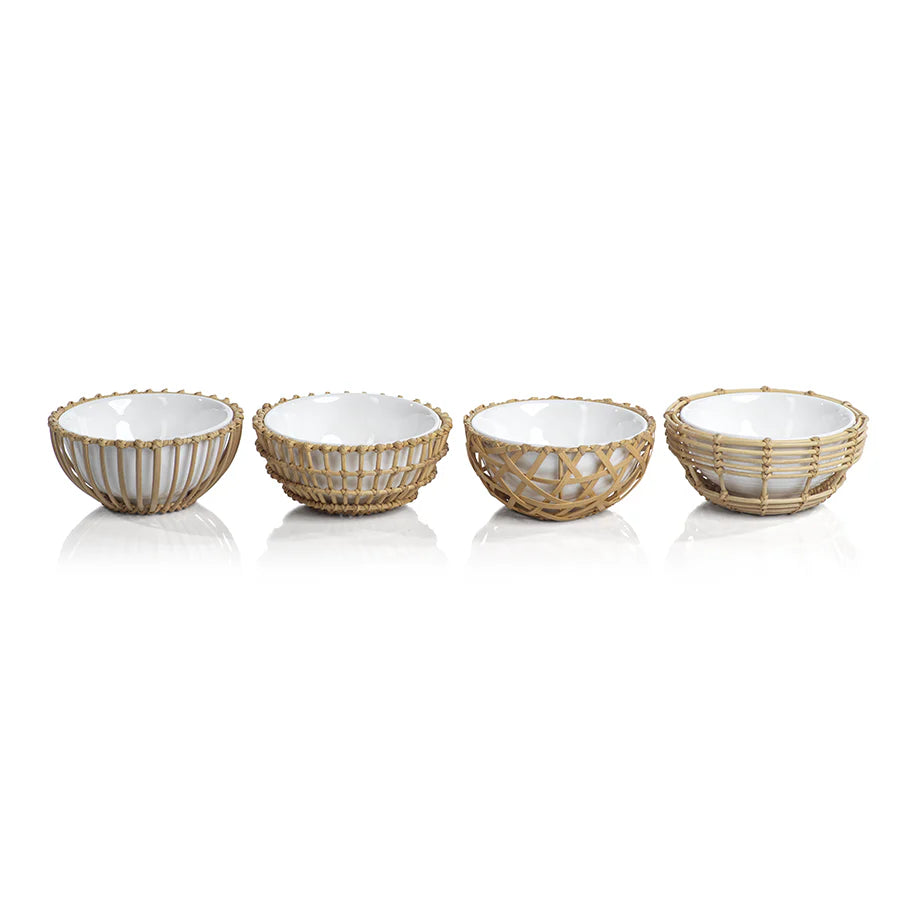Set of four decorative bowls with rattan-like rims.