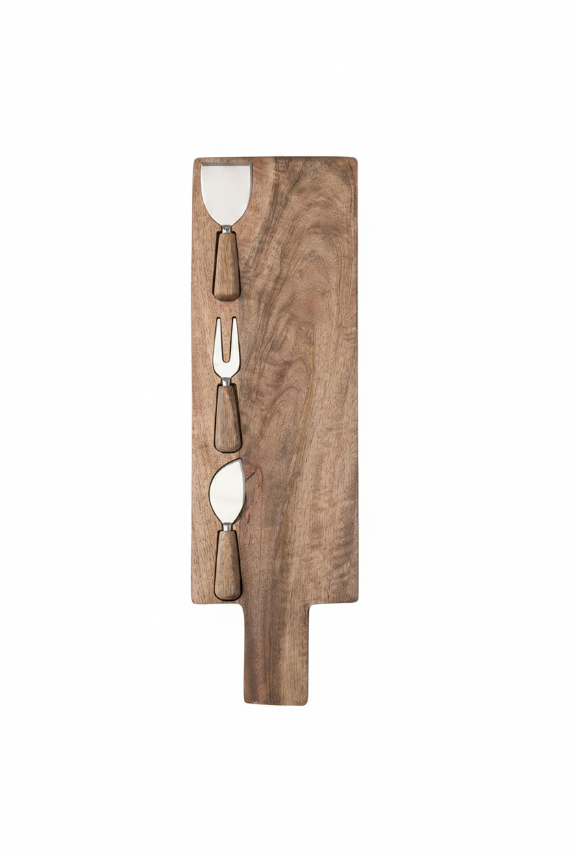 A wooden cheese board set featuring a rectangular wood board with four integrated utensils: a cheese knife, a two-pronged fork, a spreader, and a dip spoon, all with matching wood handles.