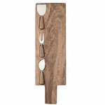 A wooden cheese board set featuring a rectangular wood board with four integrated utensils: a cheese knife, a two-pronged fork, a spreader, and a dip spoon, all with matching wood handles.