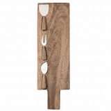 A wooden cheese board set featuring a rectangular wood board with four integrated utensils: a cheese knife, a two-pronged fork, a spreader, and a dip spoon, all with matching wood handles.