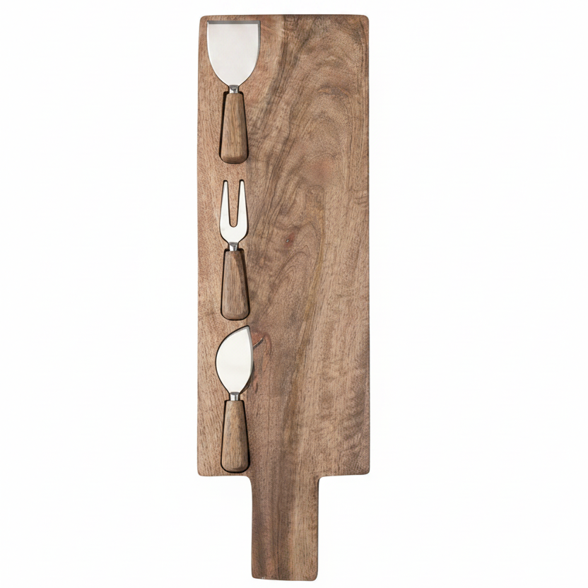 A wooden cheese board set featuring a rectangular wood board with four integrated utensils: a cheese knife, a two-pronged fork, a spreader, and a dip spoon, all with matching wood handles.