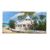 A rectangular canvas painting depicting a tropical beach house with palm trees, a white picket fence, turquoise water, and a blue sky.