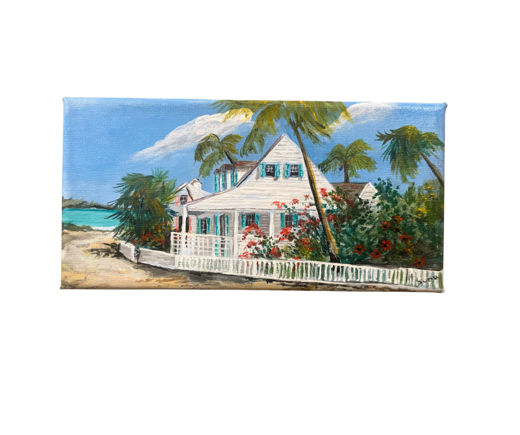 A rectangular canvas painting depicting a tropical beach house with palm trees, a white picket fence, turquoise water, and a blue sky.