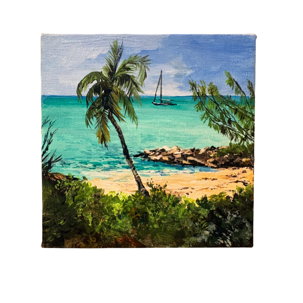 A square canvas wall art print depicting a tropical beach scene with turquoise water, a sandy shore, palm trees, and a sailboat under a blue sky.