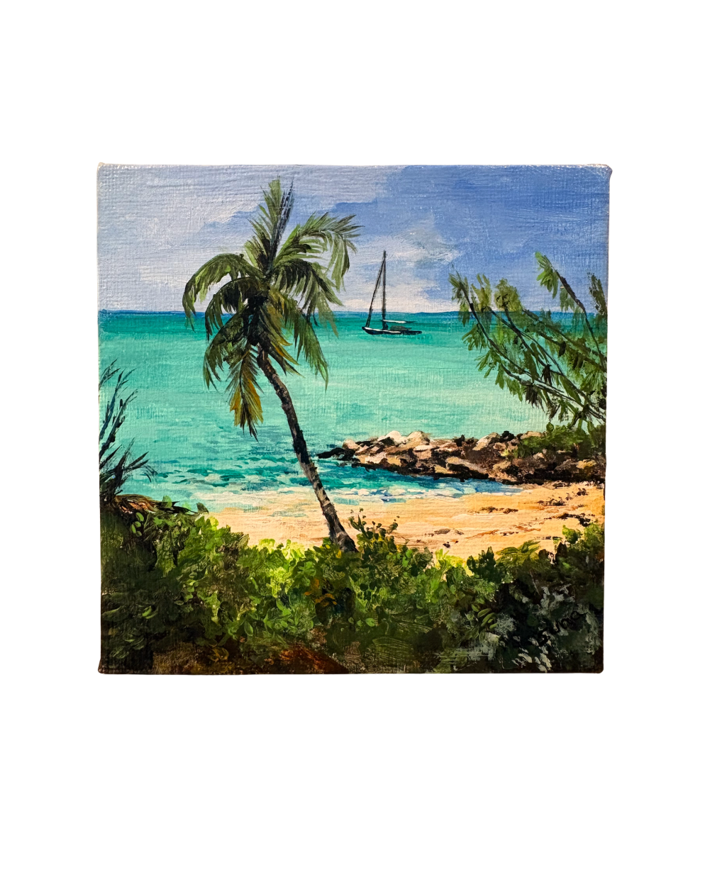 A square canvas wall art print depicting a tropical beach scene with turquoise water, a sandy shore, palm trees, and a sailboat under a blue sky.