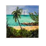 A square canvas wall art print depicting a tropical beach scene with turquoise water, a sandy shore, palm trees, and a sailboat under a blue sky.