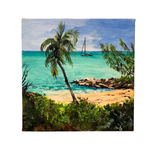 A square canvas wall art print depicting a tropical beach scene with turquoise water, a sandy shore, palm trees, and a sailboat under a blue sky.
